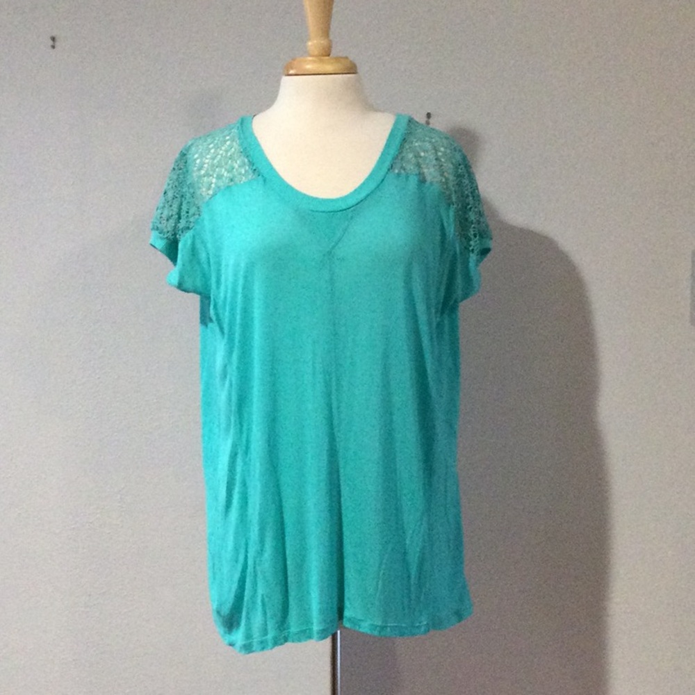 Others Follow Turquoise Lace Shoulder/Sleeve Sheer Oversized Pullover Top M